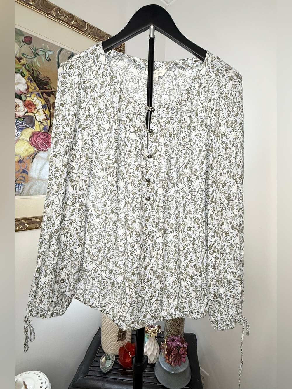 Lucky Brand Women S/P Floral Peasant Blouse Olive White Boho Tie Sleeve Top